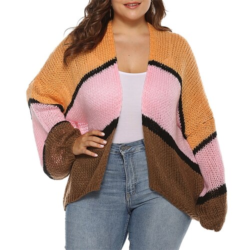 

Women's Plus Size Tops Blouse Color Block Patchwork Long Sleeve V Neck Streetwear Daily Going out Acrylic Fall Spring Brown / Loose Fit