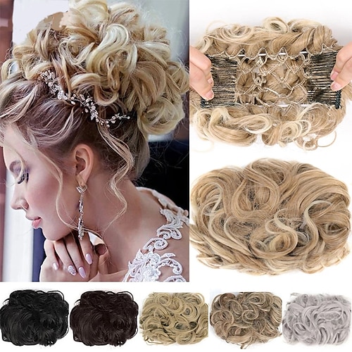 

1pc Women's Girls' Hair Combs Wigs HAIR Instant Messy Bun Real Hair Wavy Curly Scrunchies Synthetic Large Thick Updo Ponytail Hairpieces for Women Girls Kids 1 PCS Dark Brown Golden Bun