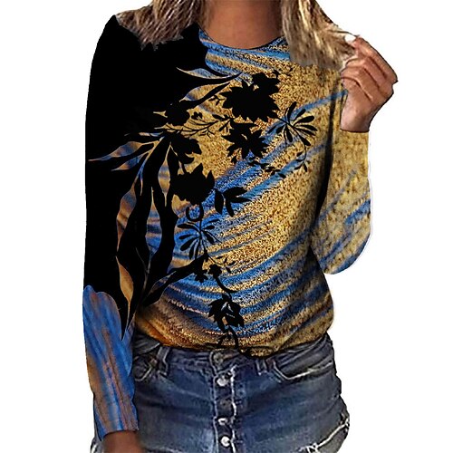 

Women's T shirt Tee Plants Casual Holiday Going out Floral Painting T shirt Long Sleeve Print Round Neck Basic Essential Holiday / 3D Print