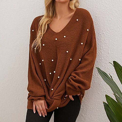 

Women's Pullover Sweater Jumper Ribbed Knit Knitted Beads Pure Color V Neck Stylish Casual Daily Going out Fall Winter Brown S M L / Long Sleeve