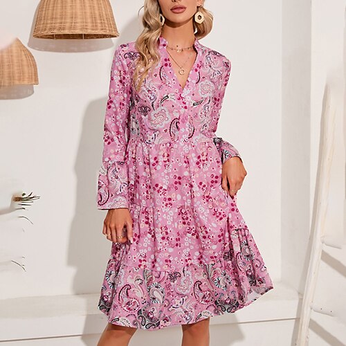 

Women's Casual Dress A Line Dress Knee Length Dress Green Blue Pink Long Sleeve Floral Print Fall Winter V Neck Stylish Casual Modern Loose 2022 S M L XL XXL 3XL
