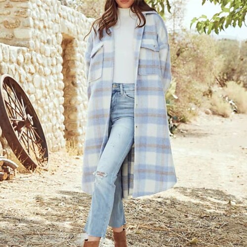 

Women's Coat Long Smocked Coat Sky Blue Casual Street Fall Single Breasted Turndown Regular Fit S M L XL XXL