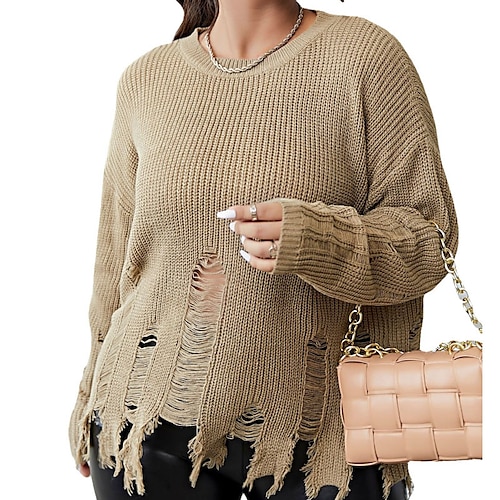 

Women's Plus Size Tops Blouse Plain Tassel Long Sleeve Crewneck Streetwear Daily Vacation Acrylic Fall Winter Brown