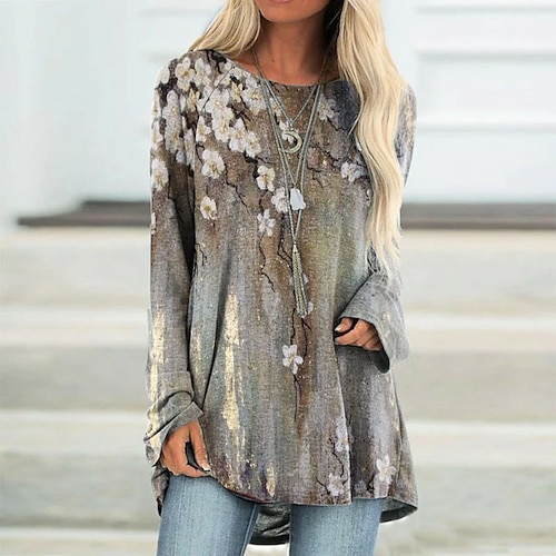 

Women's T Shirt Dress Tee Dress Shift Dress Knee Length Dress Gray Long Sleeve Floral Print Fall Winter Crew Neck Casual Vacation 2022 S M L XL XXL 3XL / Casual Dress