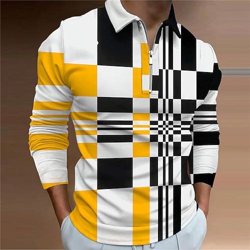 

Homens Camiseta Polo Camisa de golfe Xadrez Aberto para a Lateral Amarelo Impressão 3D Ao ar livre Rua Manga Longa Zíper Imprimir Roupa Moda Designer Casual Respirável