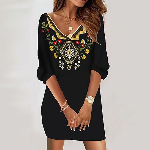 

Women's Casual Dress Bodycon Short Mini Dress Black 3/4 Length Sleeve Floral Print Fall Winter V Neck Casual Vacation Loose 2022 S M L XL XXL 3XL