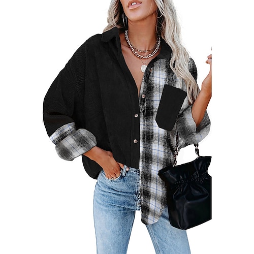 

Women's Casual Jacket Windproof Warm Outdoor Street Daily Vacation Button Pocket Print Single Breasted Turndown Casual Street Style Shacket Stripes and Plaid Regular Fit Outerwear Long Sleeve Winter