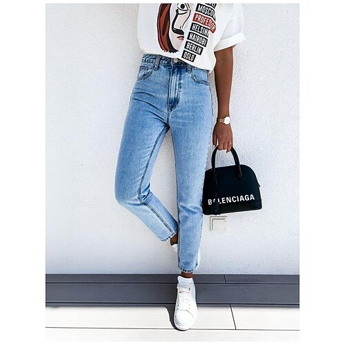 

Women's Pants Trousers Jeans Distressed Jeans Denim Blue Mid Waist Fashion Casual Weekend Side Pockets Micro-elastic Ankle-Length Comfort Plain S M L XL XXL / Slim