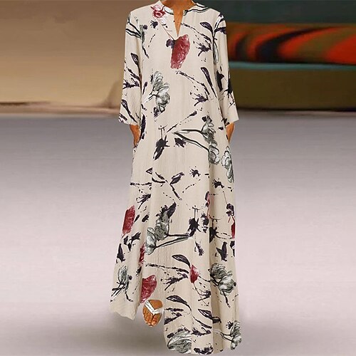

Women's Shift Dress Casual Dress Maxi long Dress Beige Light Blue Long Sleeve Floral Pocket Print Fall Winter V Neck Casual Mature Loose 2022 S M L XL XXL 3XL 4XL / Cotton