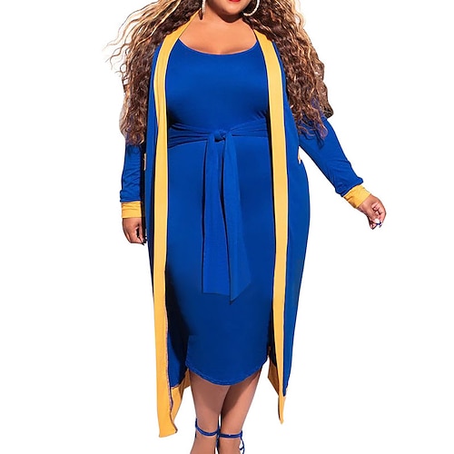 

Women's Plus Size Work Dress Striped Crew Neck Long Sleeve Spring Fall Work Midi Dress Daily Vacation Dress