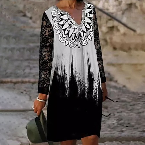 

Women's Casual Dress Short Mini Dress Black Long Sleeve Floral Color Gradient Print Fall Winter V Neck Casual Loose 2022 S M L XL XXL 3XL / Linen