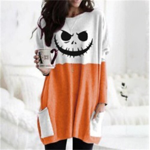 

Women's T shirt Tee Graphic Halloween Casual Weekend T shirt Tee Long Sleeve Cold Shoulder Print Round Neck Basic White Black Gray S / 3D Print