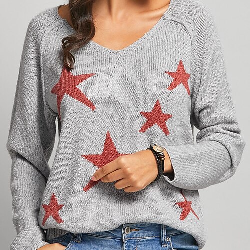 

Women's Pullover Sweater Jumper Crochet Knit Knitted Star V Neck Stylish Casual Daily Going out Fall Winter Gray S M L / Long Sleeve