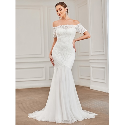 

Mermaid / Trumpet Wedding Dresses Off Shoulder Court Train Lace Tulle Short Sleeve Country Romantic Vintage with Pleats 2022