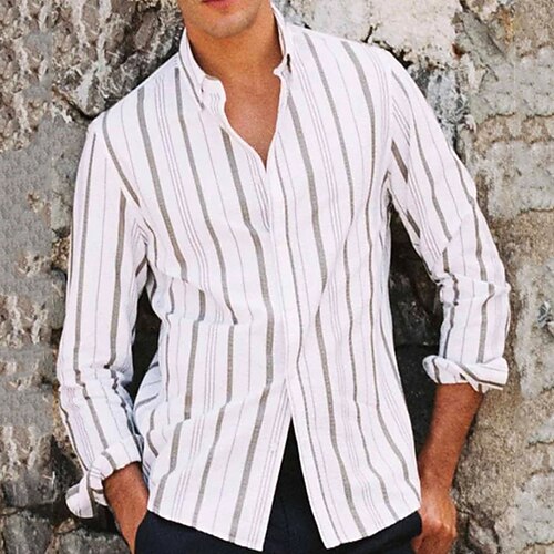

Men's Shirt Striped Turndown White Long Sleeve Daily Holiday Button-Down Tops Cotton Linen Fashion Lightweight Casual Comfortable / Spring / Beach
