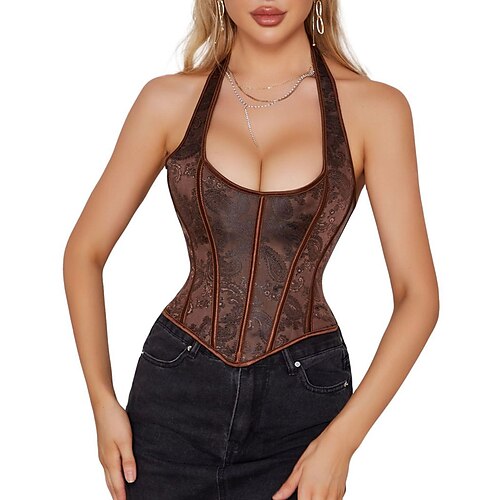 

Corset Women's Corsets Prom Party & Evening Club Brown Sexy Overbust Corset Lace Up Backless Tummy Control Tie Back Artwork Spring Summer / Print / Print