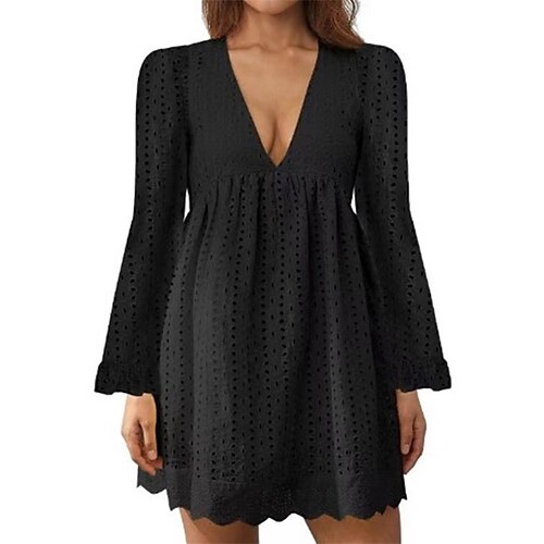 

Women's A Line Dress Short Mini Dress Black Blue Pink Yellow Orange Red Long Sleeve Pure Color Hollow Out Ruched Lace Fall Winter Deep V Casual 2022 XS S M L XL XXL 3XL