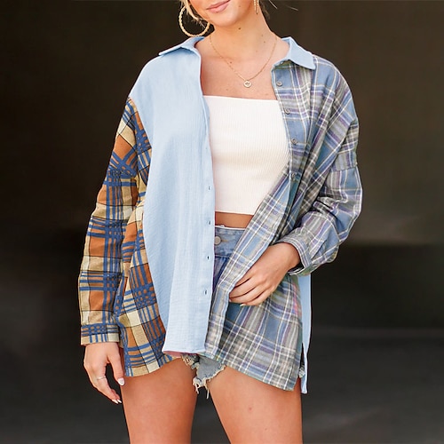 

Women's Casual Jacket Windproof Warm Outdoor Street Daily Vacation Button Print Single Breasted Turndown Street Style Shacket Stripes and Plaid Regular Fit Outerwear Long Sleeve Winter Fall Blue Pink