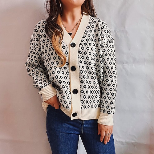 

Women's Cardigan Sweater Jumper Chunky Knit Tunic Knitted Floral V Neck Stylish Vintage Style Home Daily Fall Winter Black Blue S M L / Long Sleeve