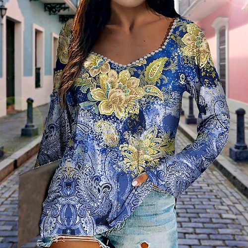 

Women's T shirt Tee Floral Casual Holiday Weekend Floral Painting T shirt Tee Long Sleeve Print V Neck Basic Blue S / 3D Print