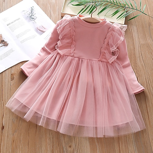 

Kids Girls' Dress Solid Colored A Line Dress Above Knee Dress Daily Lace Long Sleeve Princess Dress 2-6 Years Summer Pink Beige