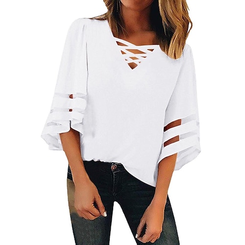 

Women's Blouse Plain Daily Weekend Blouse Shirt 3/4 Length Sleeve Cut Out V Neck Casual White Black Pink S