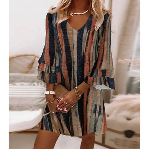 

Women's Shift Dress Mini Dress Khaki 3/4 Length Sleeve Striped Patchwork Winter Fall Autumn V Neck Fashion Weekend 2022 S M L XL XXL 3XL