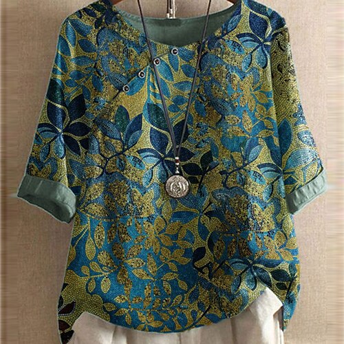 

Women's Plus Size Tops Blouse Shirt Floral Patchwork Button Half Sleeve Crewneck Streetwear Daily Going out Polyester Spring Fall Green / Loose Fit / Print