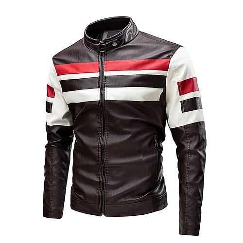 

Men's Faux Leather Jacket Biker Jacket Motorcycle Jacket Thermal Warm Rain Waterproof Warm Daily Motorcycle Zipper Stand Collar Simple Chic & Modern Jacket Outerwear Mixed Color Full Zip Black Red