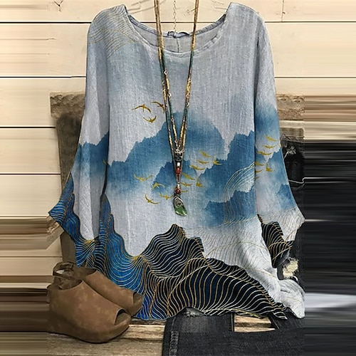 

Women's Plus Size Tops Blouse Shirt Bird Print Long Sleeve Crewneck Streetwear Daily Vacation Polyester Fall Spring Blue Gray