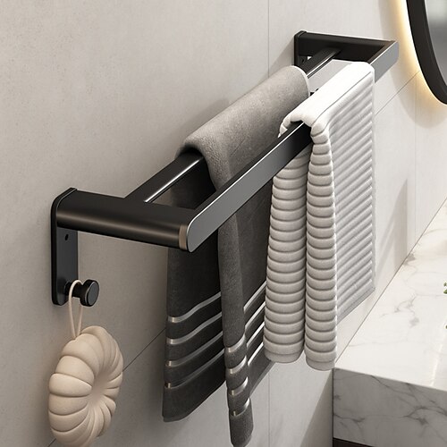 

Non Perforated Black Double Pole Towel Rack Space Aluminum Wall Hanging Toilet Bathroom Hardware Pendant Bathroom Double Pole Towel Bar