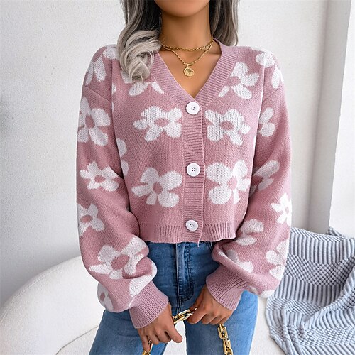 

Women's Cardigan Sweater Jumper Ribbed Knit Button Knitted Floral V Neck Stylish Casual Home Daily Winter Fall Green Blue S M L / Long Sleeve / Holiday / Regular Fit / Going out / Print