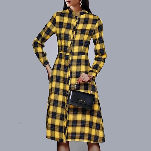 

Women's Shirt Dress A Line Dress Midi Dress Yellow Long Sleeve Plaid Patchwork Fall Winter Shirt Collar Stylish Modern Loose 2022 M L XL XXL