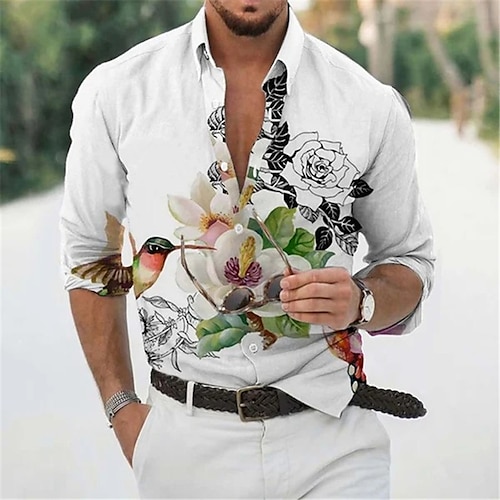 

Men's Shirt 3D Print Floral Turndown Street Casual Button-Down Print Long Sleeve Tops Casual Fashion Breathable White