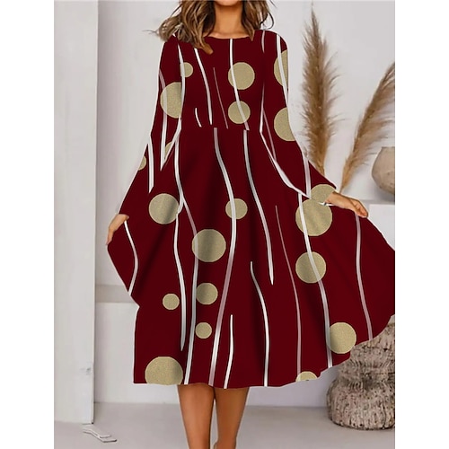 

Women's A Line Dress Swing Dress Midi Dress Black Wine Navy Blue Long Sleeve Geometric Pocket Print Fall Winter Round Neck Casual Vacation 2022 S M L XL XXL 3XL / Casual Dress