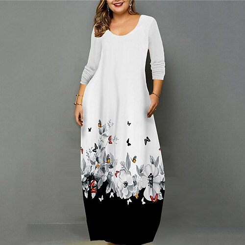 

Women's Plus Size Casual Dress Floral U Neck Long Sleeve Fall Winter Casual Vintage Maxi long Dress Causal Daily Dress / 3D Print