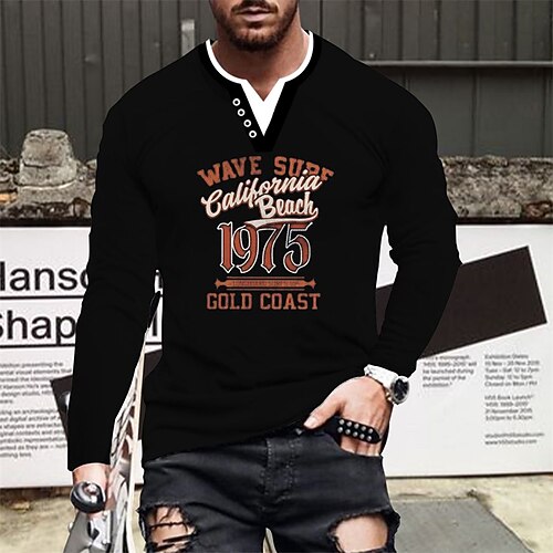 

Men's T shirt Tee Hot Stamping Graphic Letter V Neck Street Daily Button-Down Print Long Sleeve Tops Designer Casual Fashion Comfortable Black