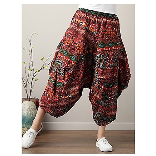 

Women's Pants Trousers Harem Pants Linen / Cotton Blend Red Apricot High Waist Casual Buddha Pants Casual Streetwear Pocket Baggy Micro-elastic Full Length Breathable Stripe One-Size / Drop Crotch