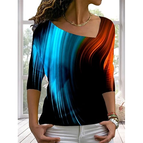 

Women's T shirt Tee Color Block Casual Holiday T shirt Tee Long Sleeve Patchwork Print V Neck Basic Black S / 3D Print