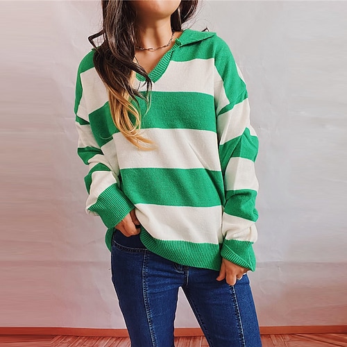 

Women's Pullover Sweater Jumper Ribbed Knit Knitted Striped Shirt Collar Stylish Casual Daily Holiday Fall Winter Green Black S M L / Long Sleeve