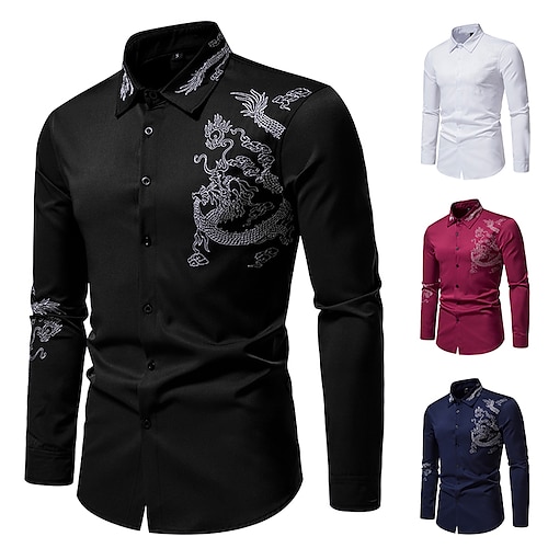 

Men's Button Up Shirt Collared Shirt Prom Shirt Wine Black White Animal Classic Collar All Seasons Wedding Vacation Clothing Apparel Embroidered