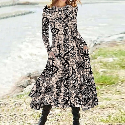 

Women's Casual Dress Swing Dress Midi Dress Black Khaki Gray Long Sleeve Floral Pocket Winter Fall Winter Dress Fall Dress 2022 S M L XL XXL 3XL