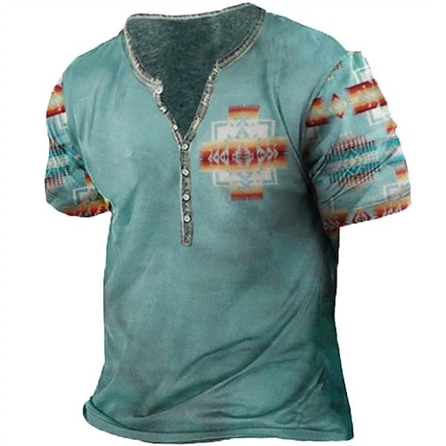 

Men's T shirt Tee Henley Shirt Tee Graphic Tribal Henley Blue Light Brown Light Blue Short Sleeve 3D Print Plus Size Outdoor Daily Button-Down Print Tops Basic Casual Big and Tall / Summer / Summer