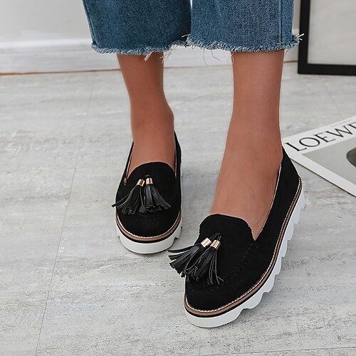 

Women's Slip-Ons Daily Tassel Loafers Classic Loafers Summer Tassel Flat Heel Round Toe Classic Synthetics Loafer Solid Colored Black Yellow Rosy Pink