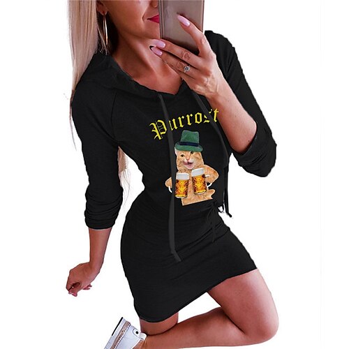 

Women's Hoodie Dress Bodycon Short Mini Dress Black Long Sleeve Cat Letter Animal Print Fall Winter Hooded Fashion 2022 S M L XL XXL 3XL