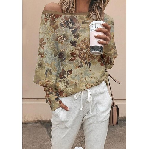 

Women's Shirt Floral Holiday Weekend Floral Shirt Long Sleeve Print One Shoulder Casual Streetwear Khaki S / 3D Print