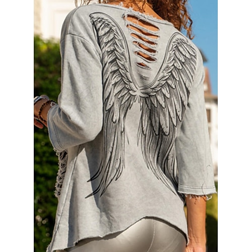 

Women's Blouse T shirt Tee Shirt Gray Graphic Cut Out Print 3/4 Length Sleeve Casual Weekend Basic Round Neck Regular Painting S / 3D Print