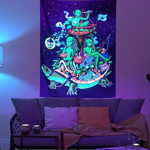 

Blacklight UV Reactive Tapestry Alien Decoration Cloth Curtain Picnic Table Cloth Hanging Home Bedroom Living Room Dormitory Decoration Polyester