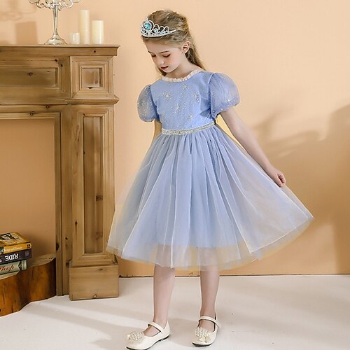 

Kids Little Girls' Dress Solid Colored Performance Sparkle Blue Short Sleeve Princess Cute Dresses Fall Spring 2-8 Years