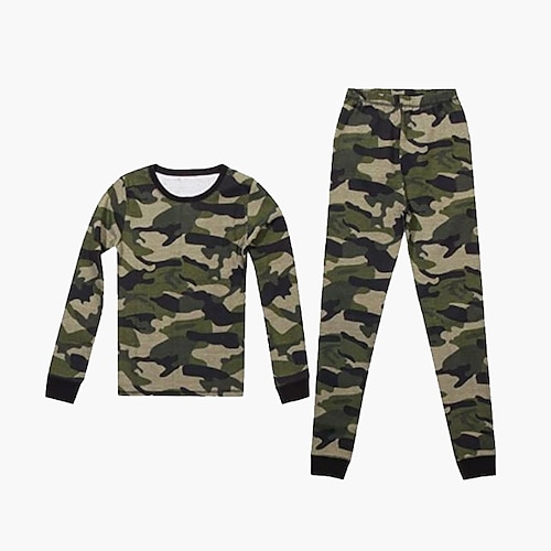 

2 Pieces Kids Boys T-shirt & Pants T-shirtSet Clothing Set Outfit Camo Long Sleeve Print Set Outdoor Sports Fashion Cool Winter Fall 3-12 Years Green